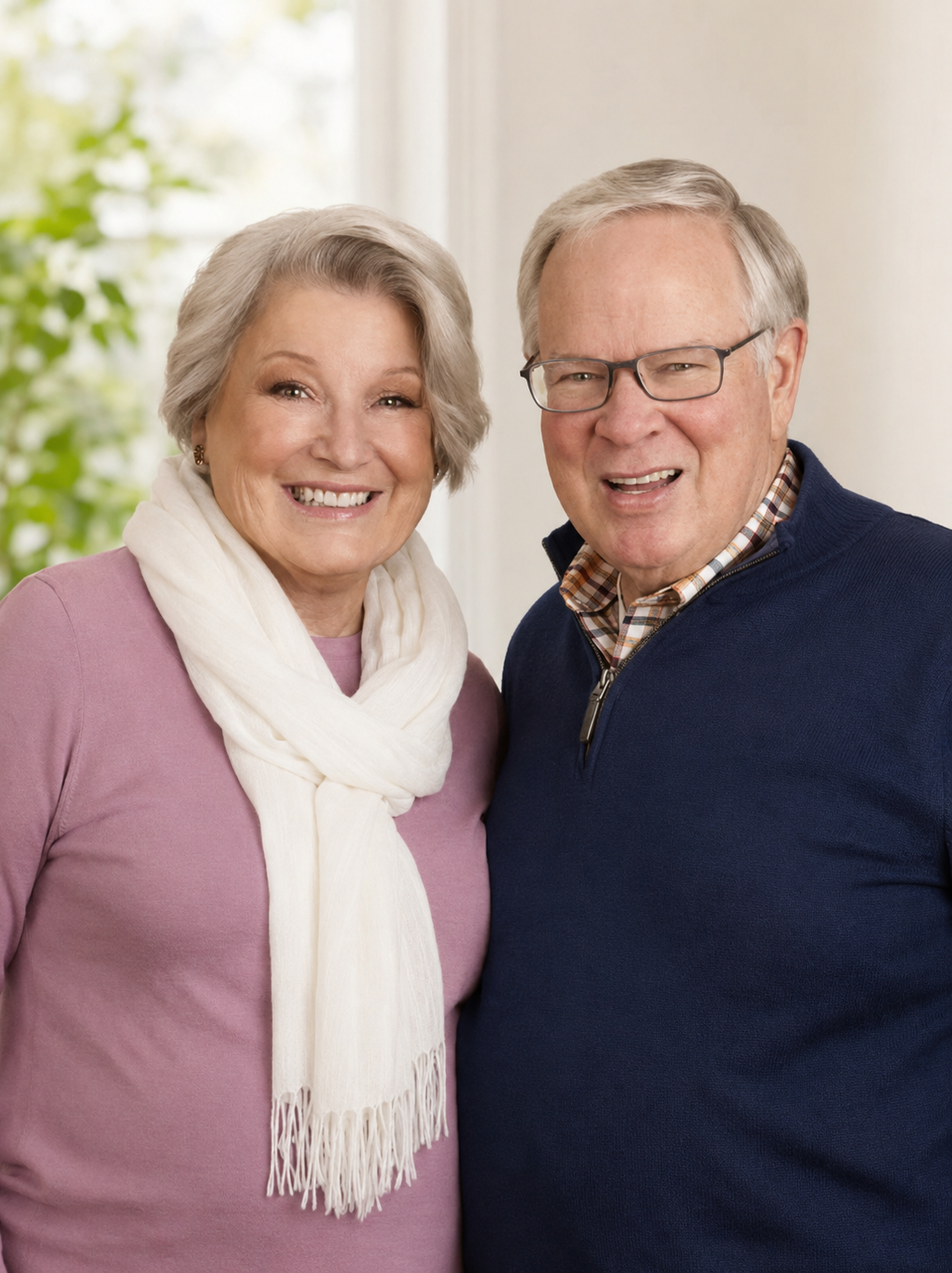 Smiling couple standing close together in sweaters and scarves against a light background