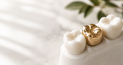 Close-up of a gold tooth among white teeth on a dental model