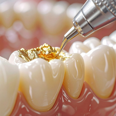 Dental tool placing gold filling on a molar tooth during a dental procedure