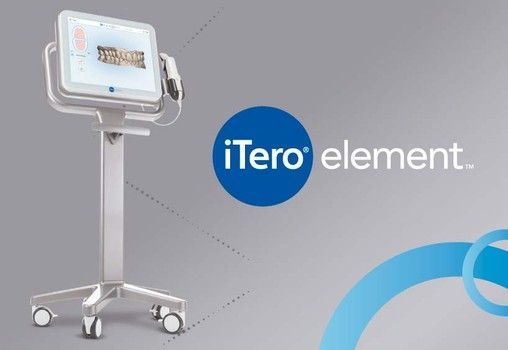 ITero Element dental scanner on a wheeled stand with blue logo on a gray background