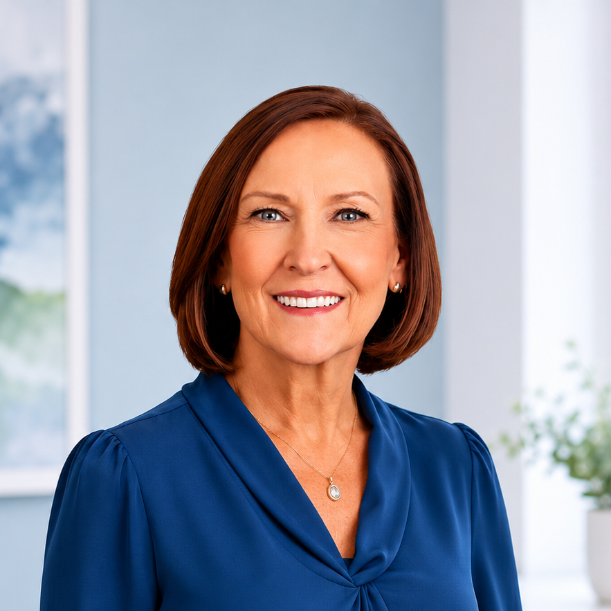 Smiling woman in a blue blouse in a bright office setting