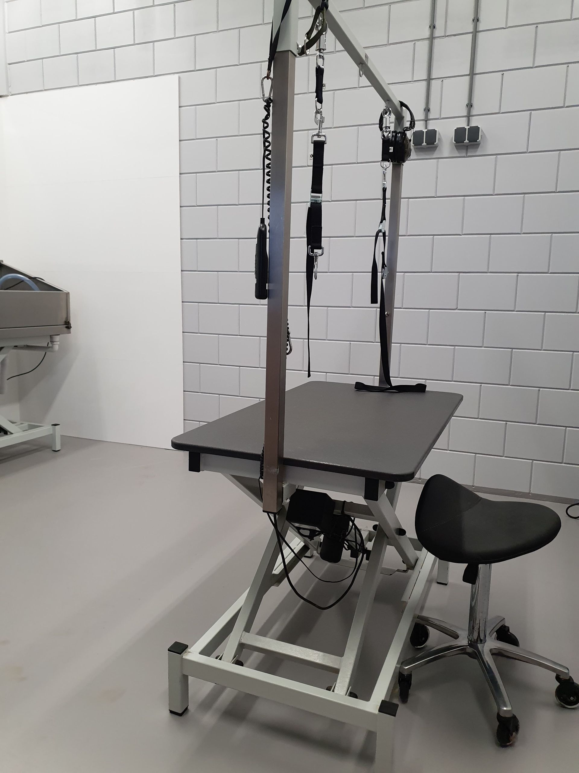 Trimtafel met verstelbare armleuningen en beugels. Een kruk staat naast de tafel in een kamer met een witte bakstenen muur.