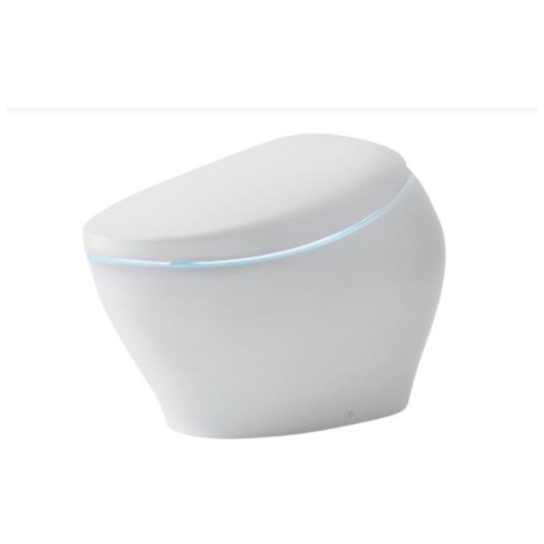 Un inodoro blanco con una luz azul en el costado sobre un fondo blanco.