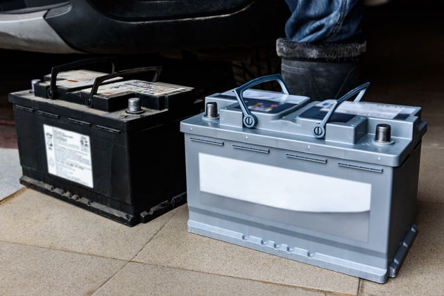 Two car batteries, one old and black, the other new and silver, on a garage floor.