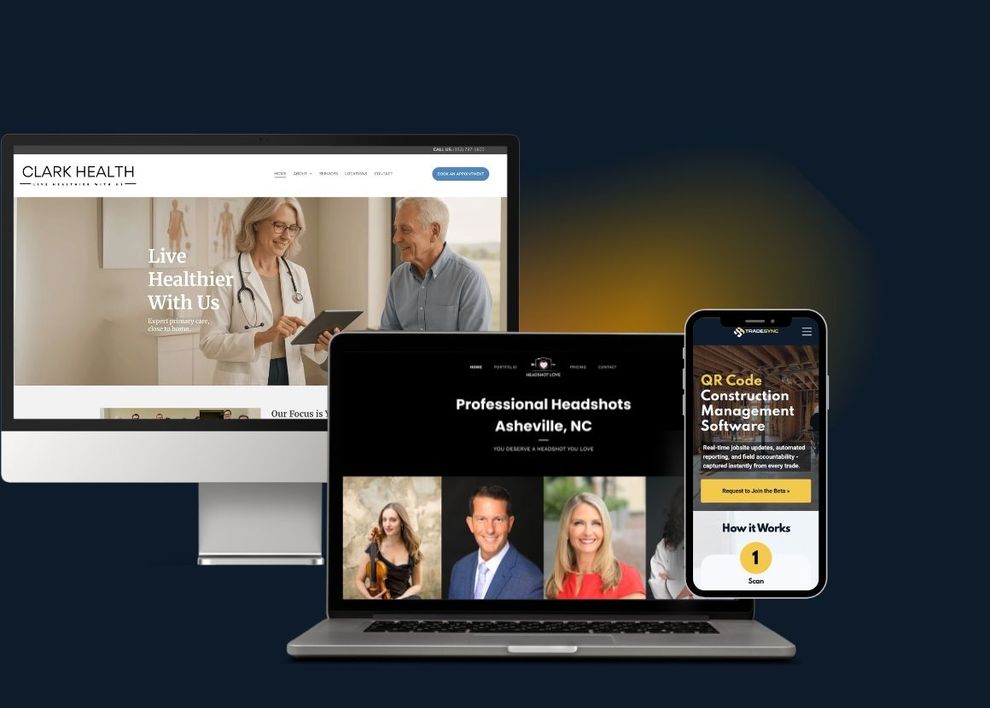 Websites on desktop, laptop, and phone screens.