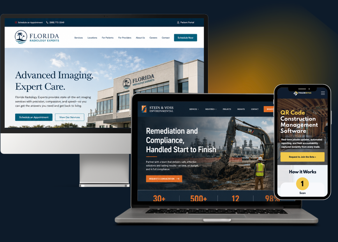 Bonfire Studio web design screenshots on desktop, laptop, and phone screens.