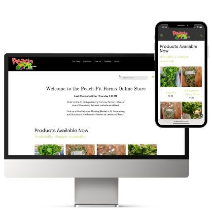 Peach Pit Farms online store displayed on computer monitor and mobile phone.