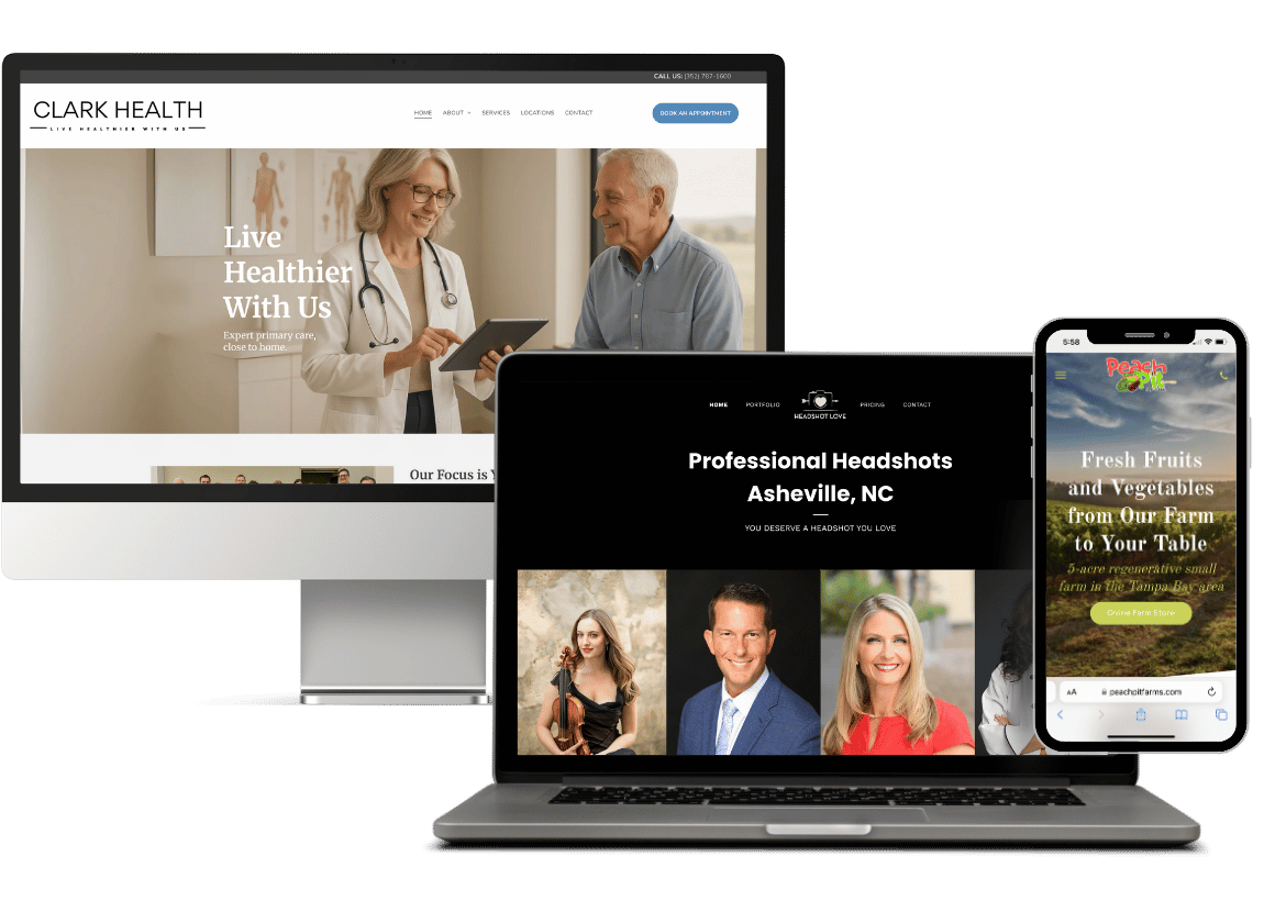 Web design screenshots, includes Asheville web design clients
