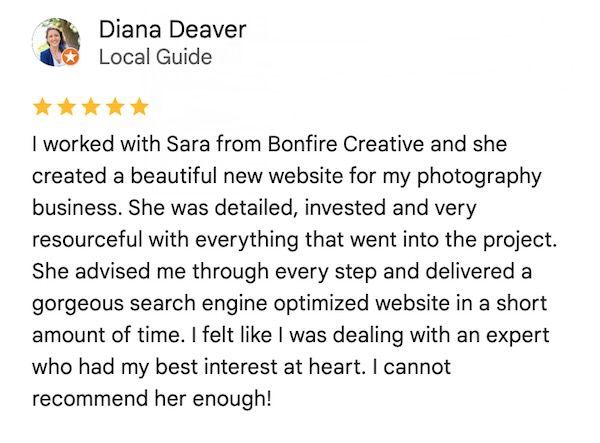 Review by a client for Bonfire Studio, praising their website creation service.