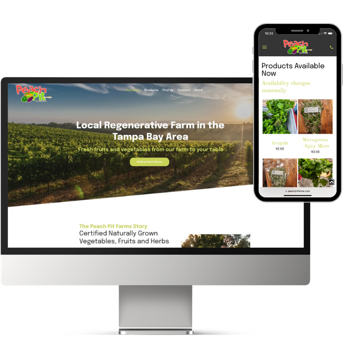 Ecommerce website for Peach Pit Farms showing a screenshot of their homepage