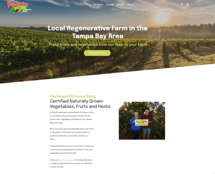 Ecommerce website for Peach Pit Farms showing a screenshot of their homepage