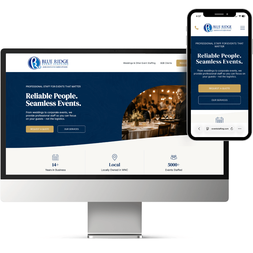Eventing staffing company's Duda website shown on desktop and mobile. 