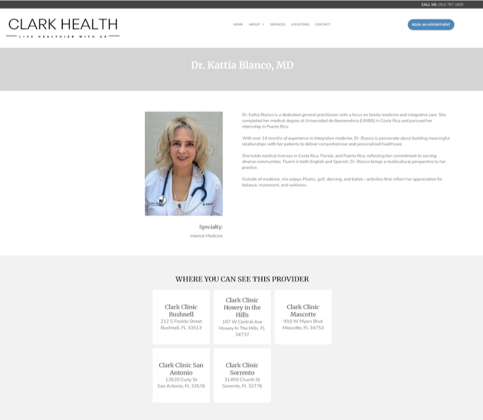 Provider page example for primary care clinic