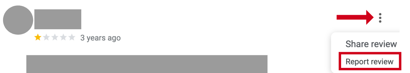 A review section showing a one-star rating and an opened drop-down menu with a highlighted 