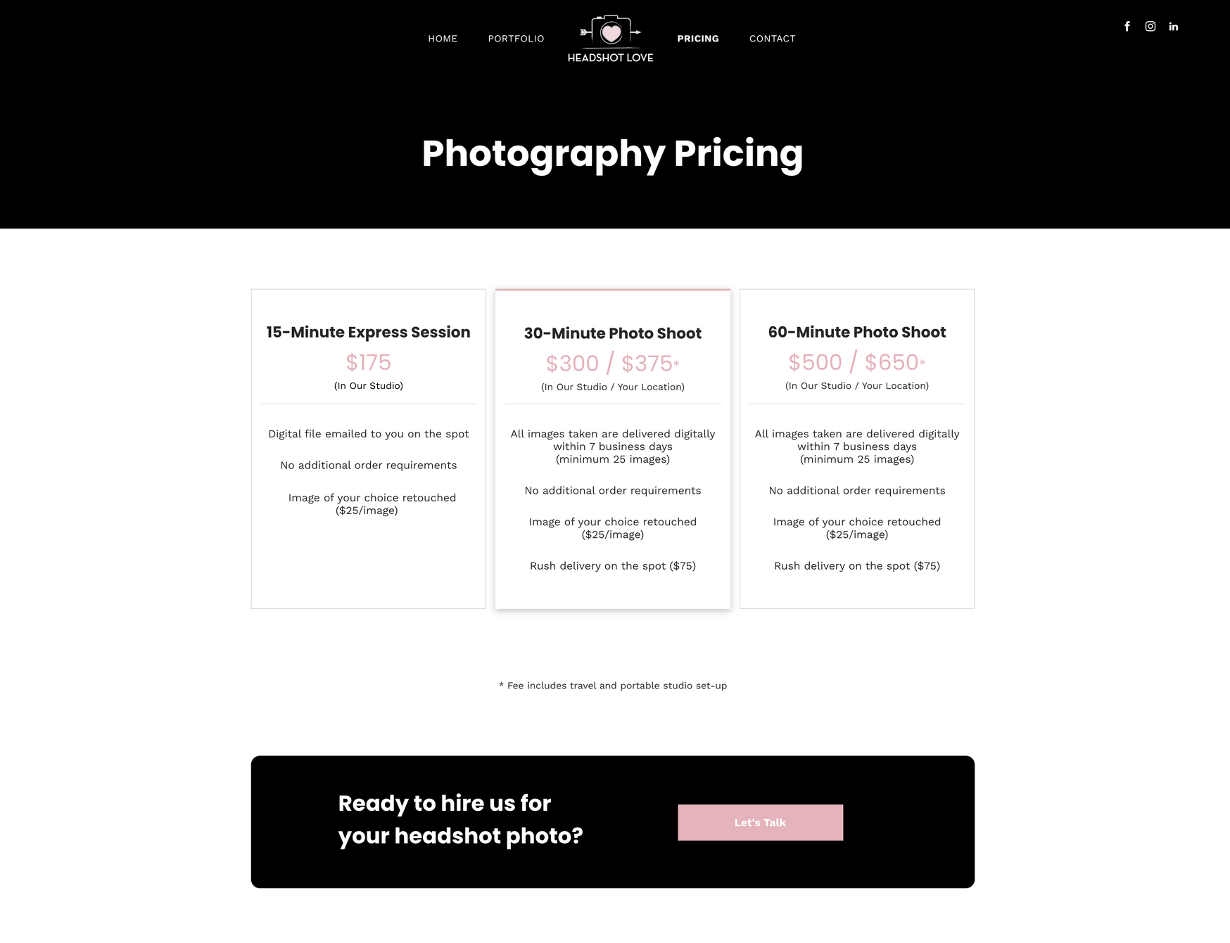 Screenshot of a photographer's pricing page