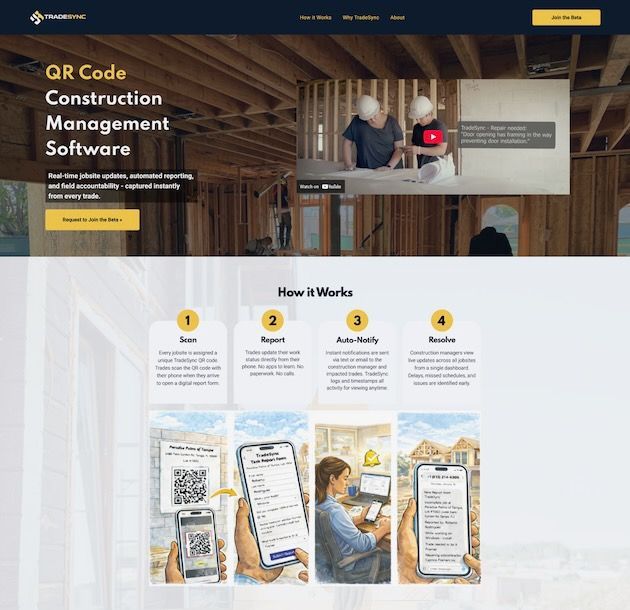 Landing page for TradeSync, showing QR code construction software with a how-it-works process diagram and video intro.