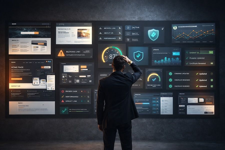Business owner looking at a dashboard of things that should be included in website maintenance