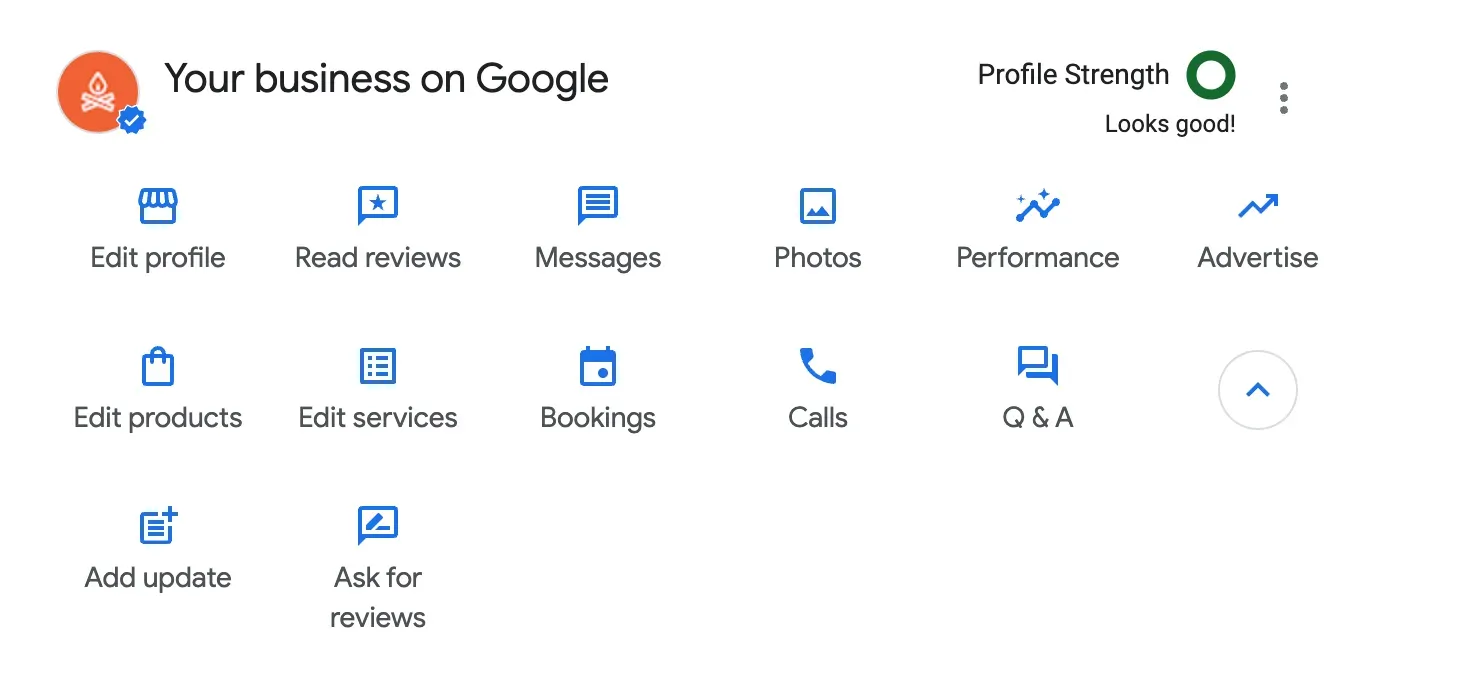 Google Business Profile dashboard with icon buttons for profile management.