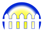 A blue and yellow logo with a rainbow in the middle