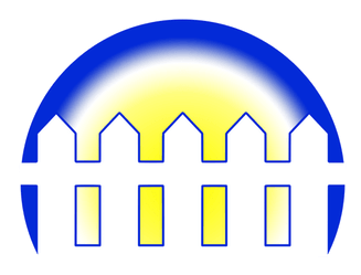 A blue and yellow logo with a rainbow in the middle