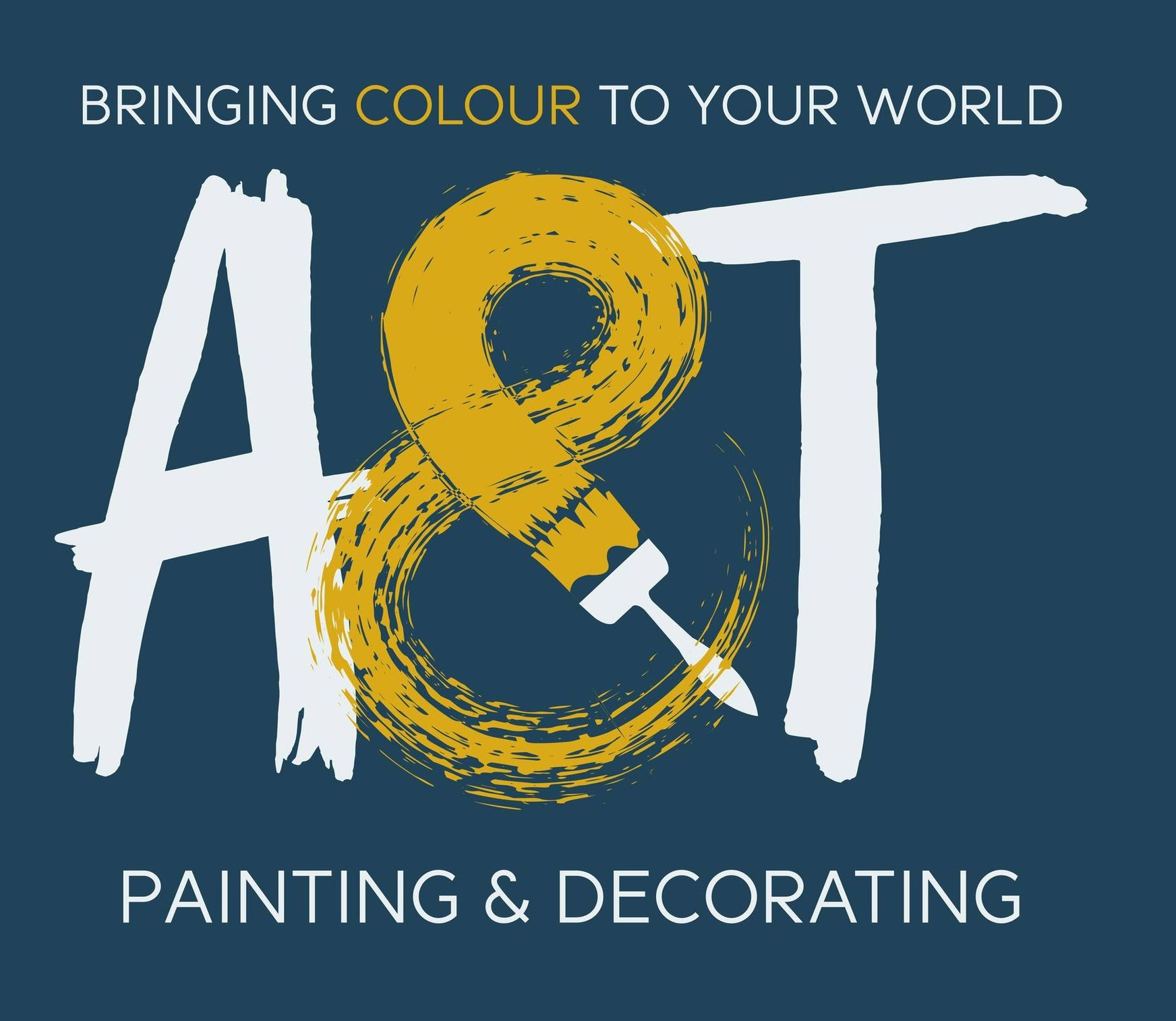 A&T Painting & Decorating logo on dark blue with white text and yellow paintbrush ampersand