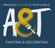 A&T Painting & Decorating logo on dark blue with white text and yellow paintbrush ampersand