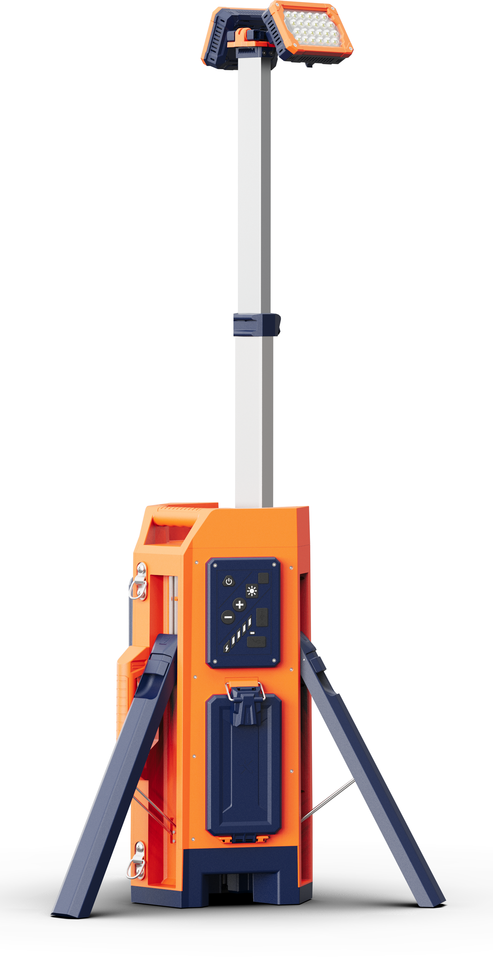 an orange and blue tower with two lights on it