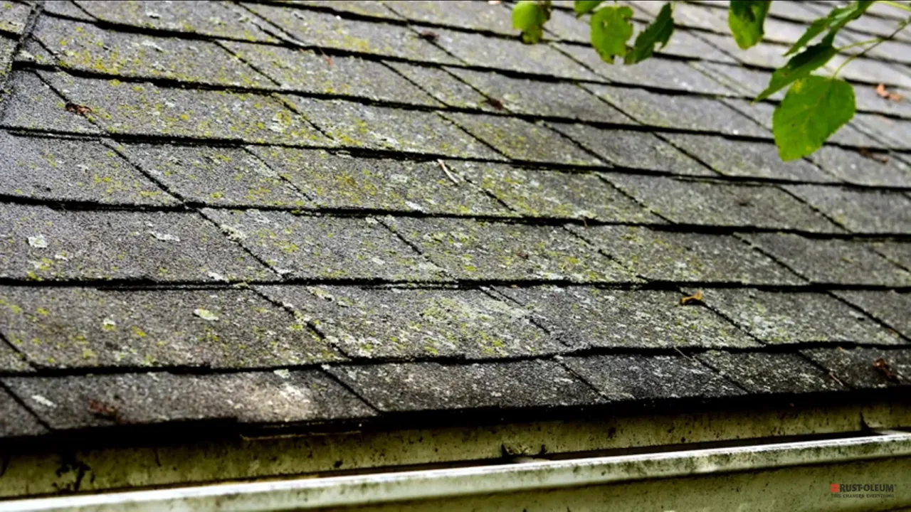 a close up of a roof with moss on it and a gutter .
