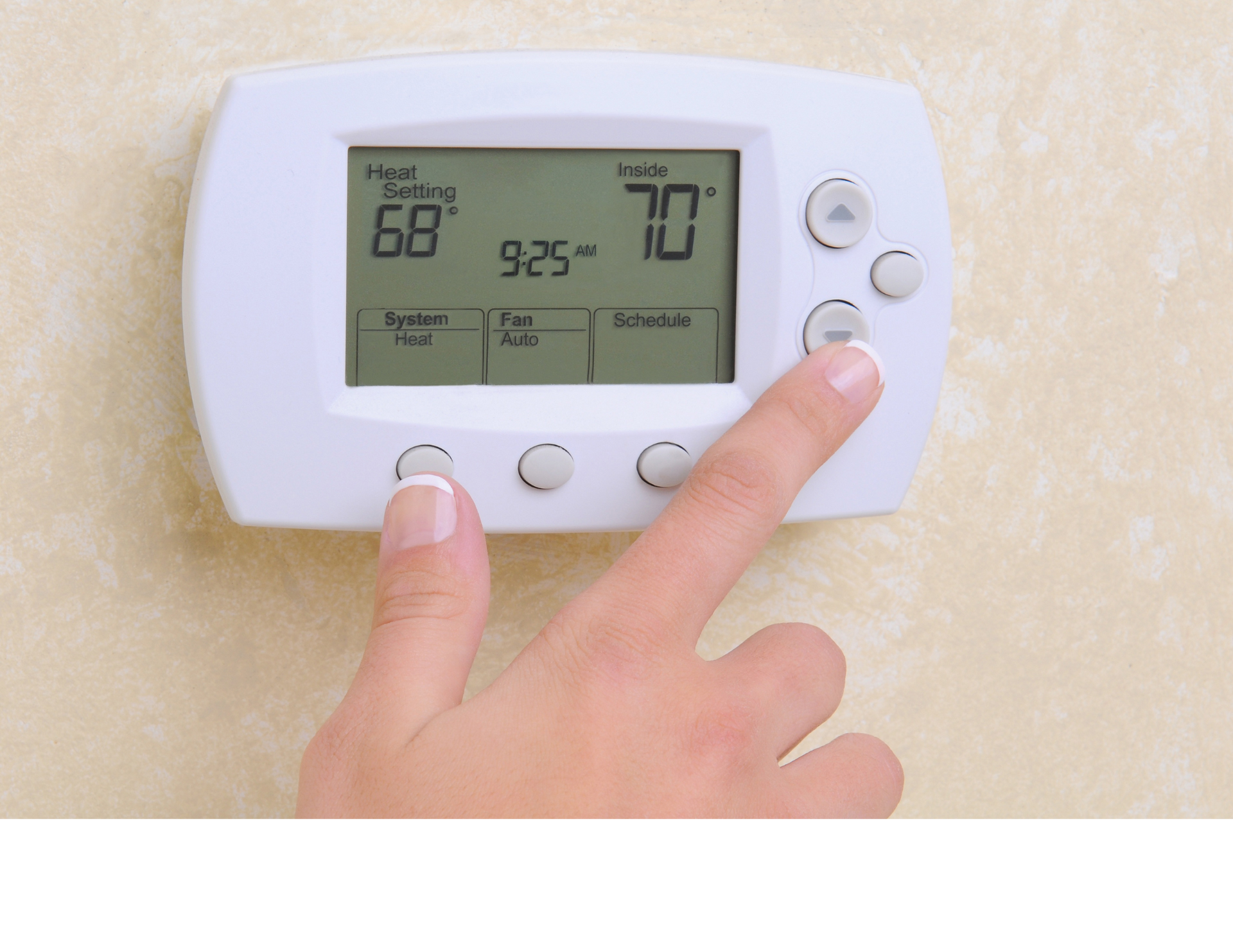 a person is pressing a button on a thermostat that reads 70 degrees