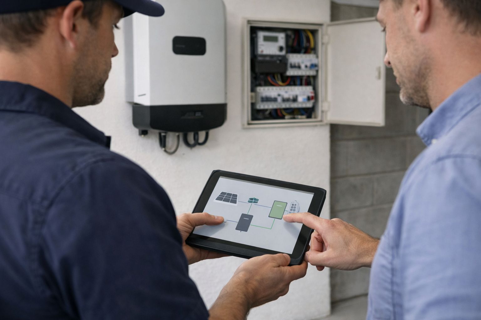 Electrician discussing battery ready solar inverter planning with homeowner.