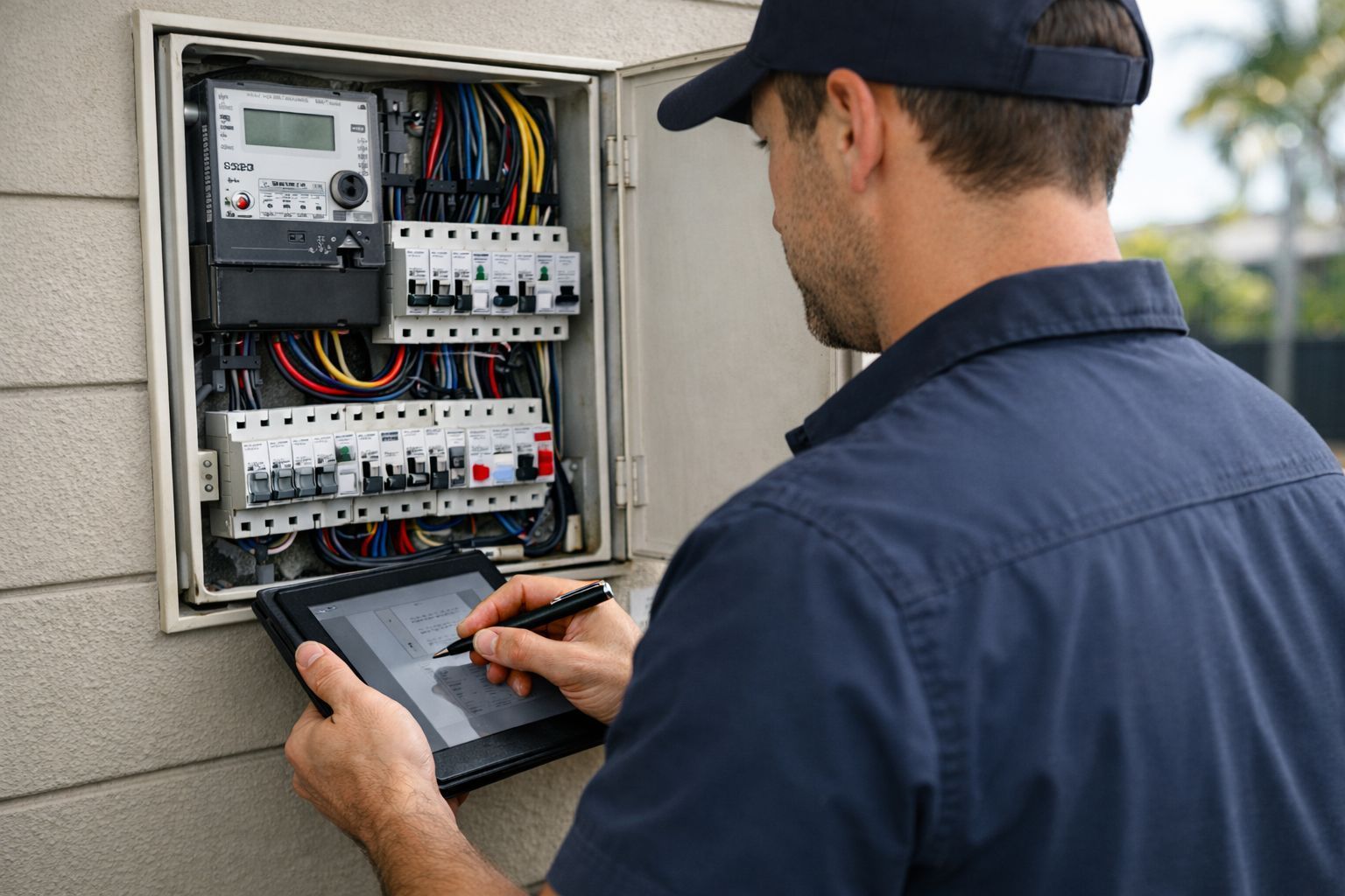 Licensed electrician inspecting a meter box for solar ready home safety
