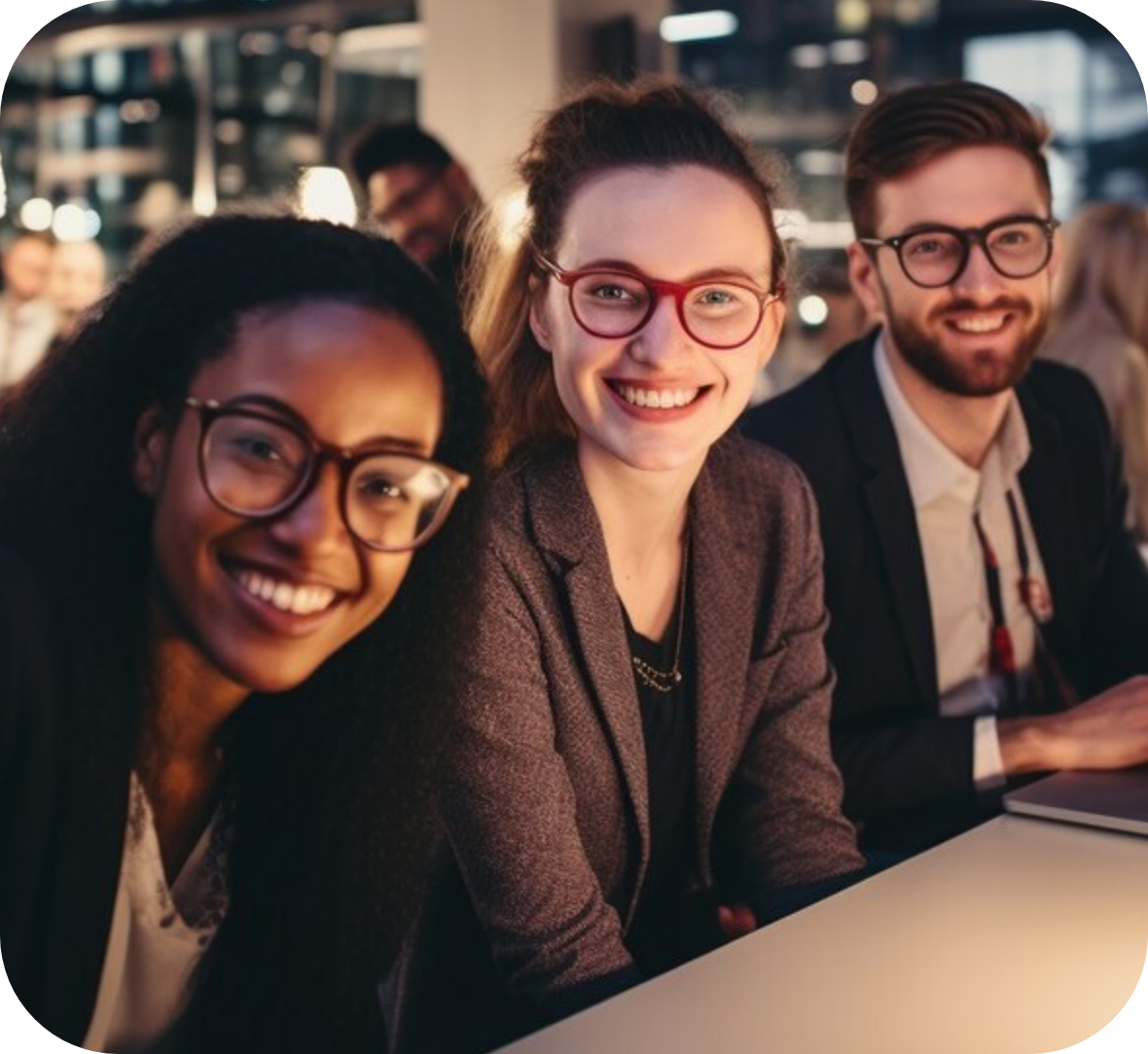 A group of people wearing glasses are smiling for the camera