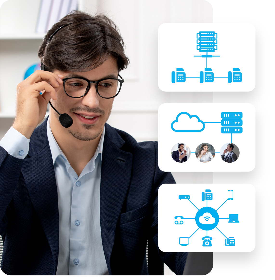 A man wearing glasses and a headset is talking on a phone.