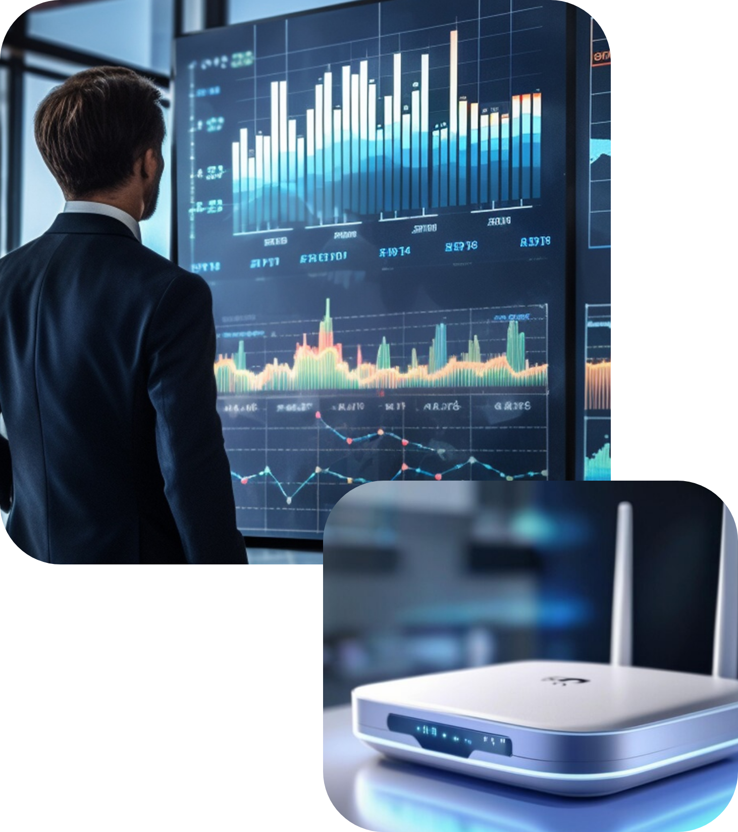 A man in a suit is looking at a large screen with graphs on it.