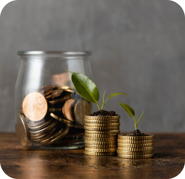 A glass jar filled with coins and a plant growing out of them.