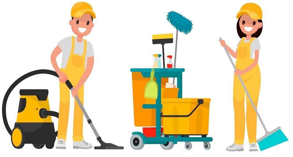 Two animated professional cleaners carrying out vacuum cleaning and sweeping for Mackay community.
