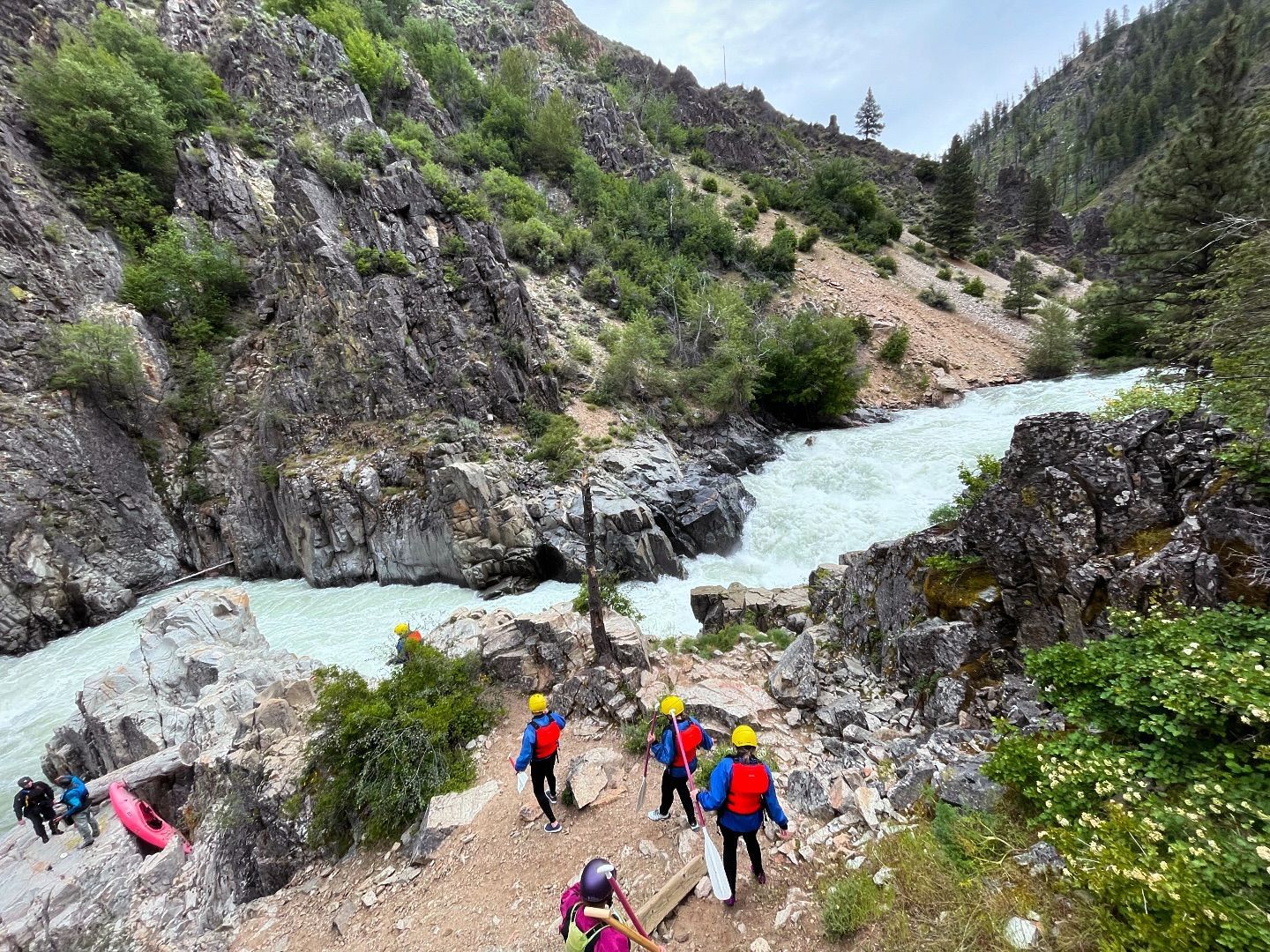 Portage around Big Falls on the South Fork of the Payette River while rafting in Idaho
