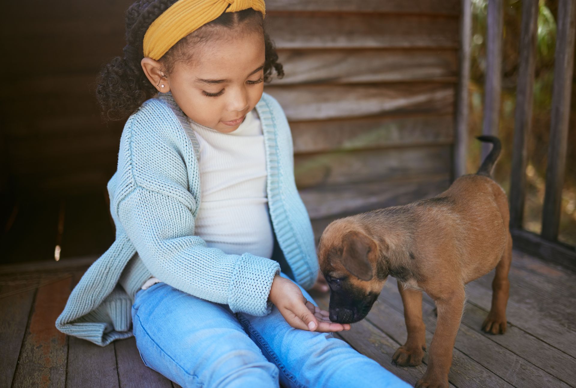 Dark-skinned girl offering a tan, mixed breed puppy a treat from her hand.