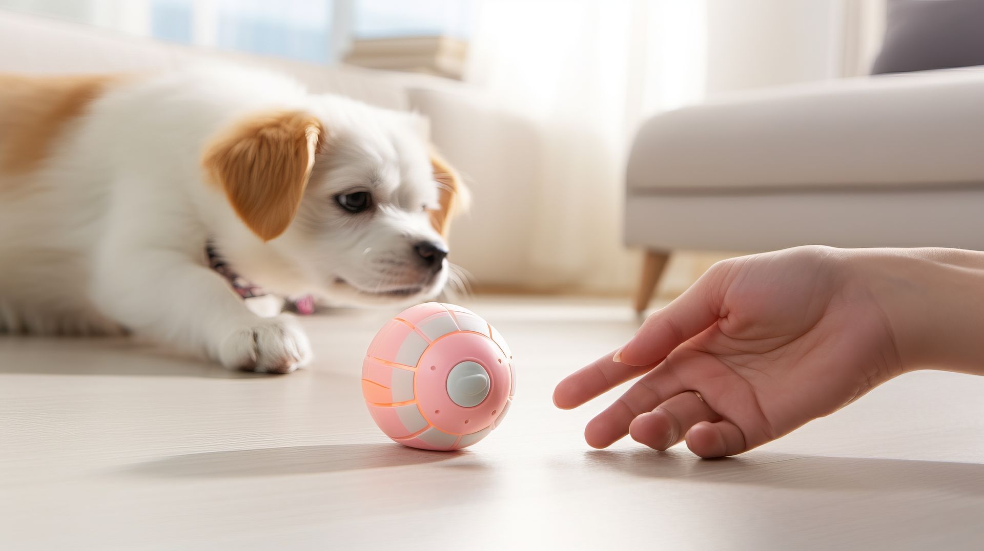 Small white and sable pup playing with pink and white interactive ball.