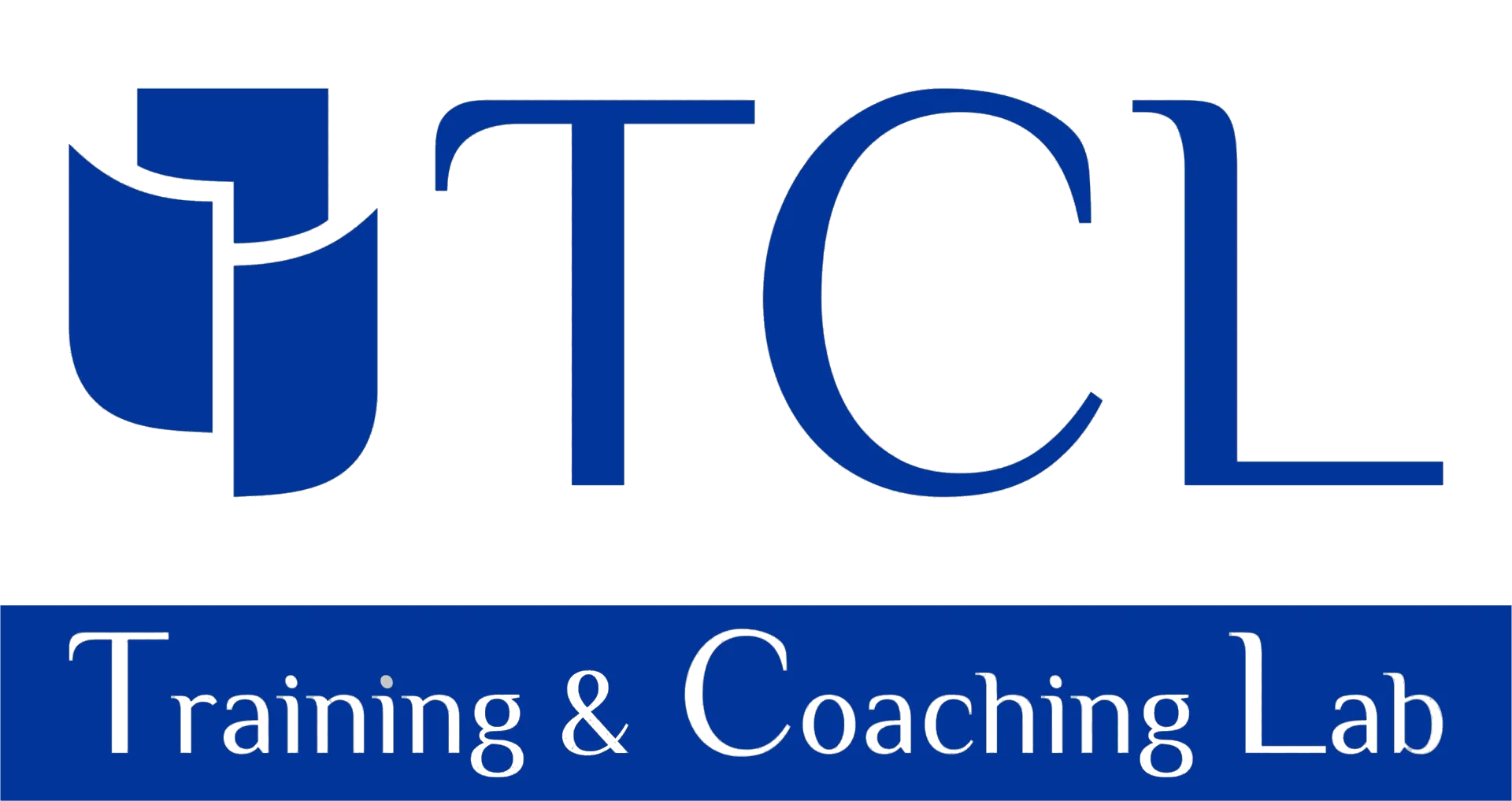 Logo per Training & Coaching Lab: testo "TCL" blu, forma astratta blu e testo "Training & Coaching Lab" in basso.
