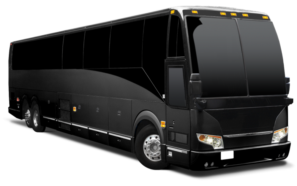A black bus is parked on a white background.
