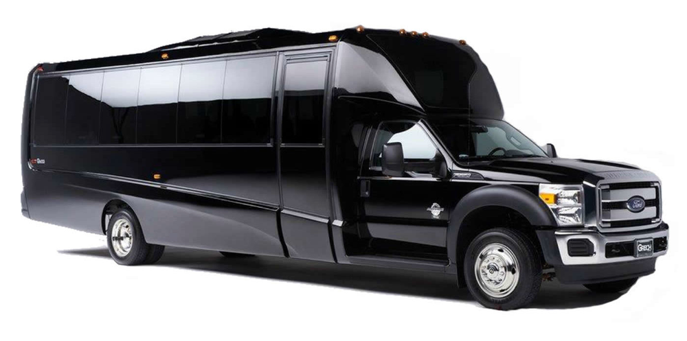 A black shuttle bus is parked on a white background.