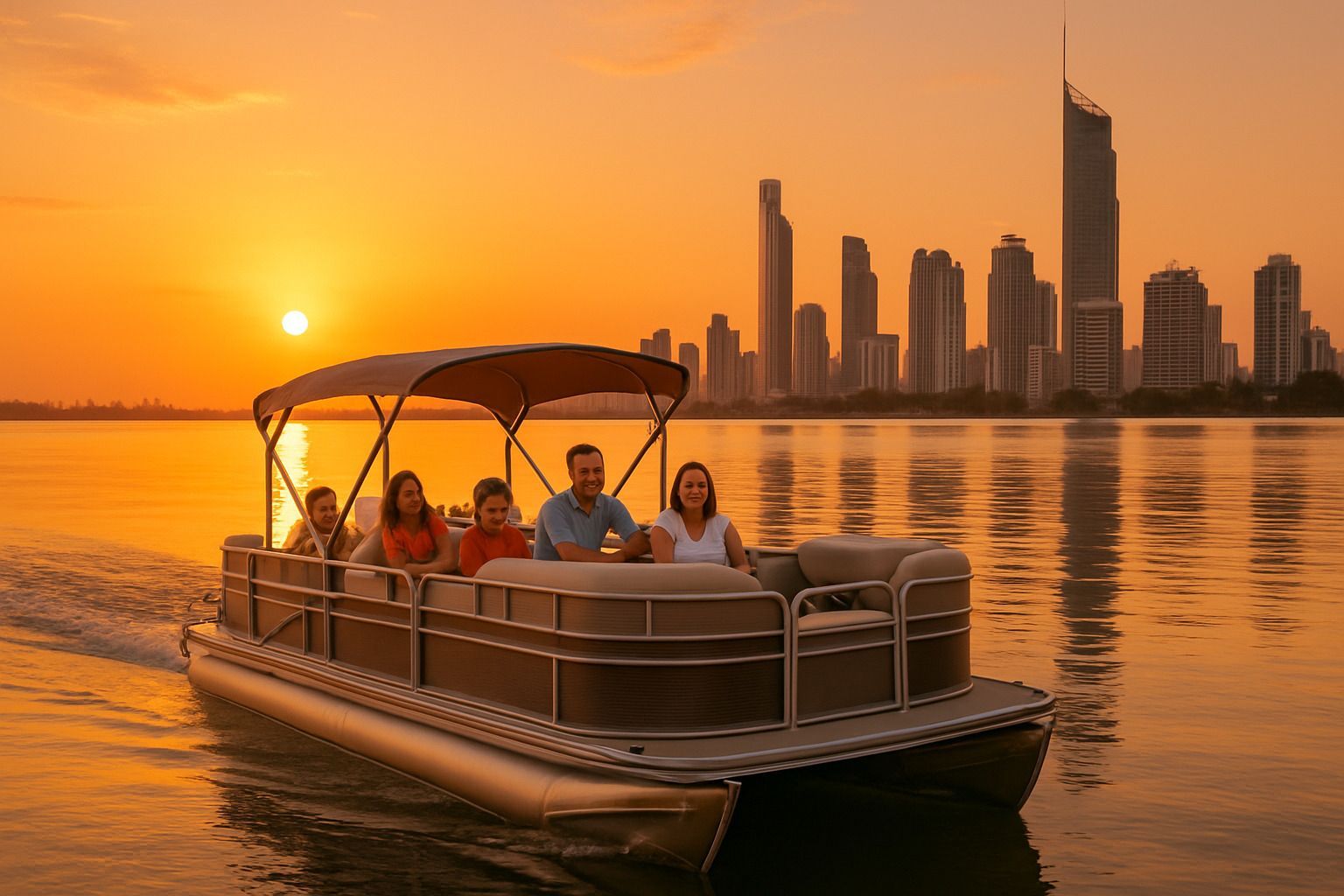 Pontoon boat cruising at sunset on the Gold Coast Broadwater, with families enjoying the view and ci