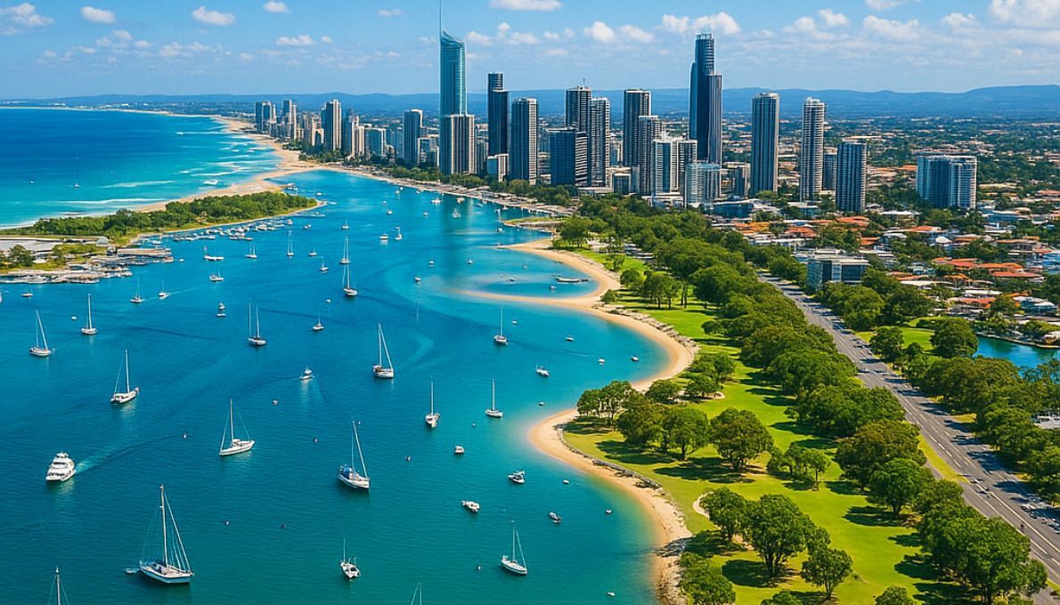 Gold Coast waterways with boats and skyline - Gold Coast boat day trips
