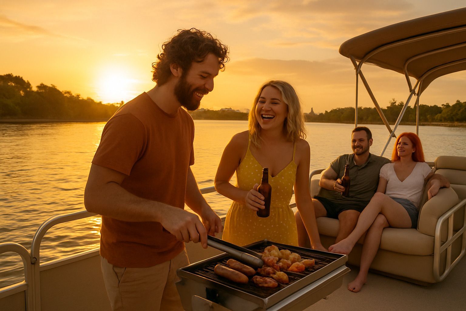 Friends enjoying a BBQ pontoon tour on Gold Coast waterways at sunset - Gold Coast BBQ tours