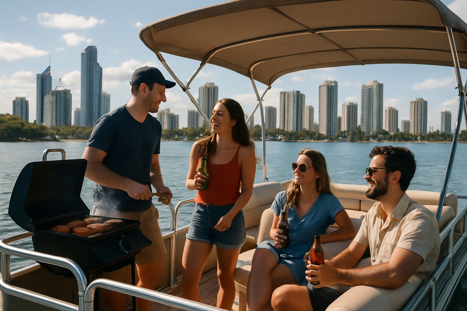 BBQ pontoon boat cruising on the Gold Coast Broadwater, friends grilling and relaxing on deck, sunny