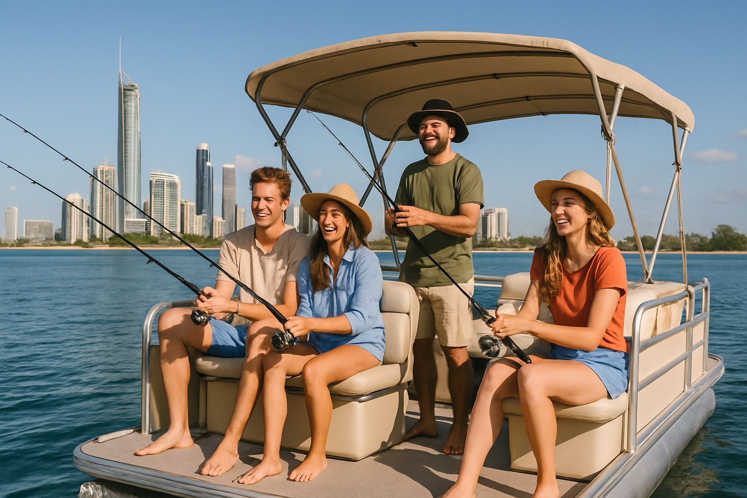 Group of friends fishing on a pontoon boat with the Gold Coast skyline in the background, sunny weat