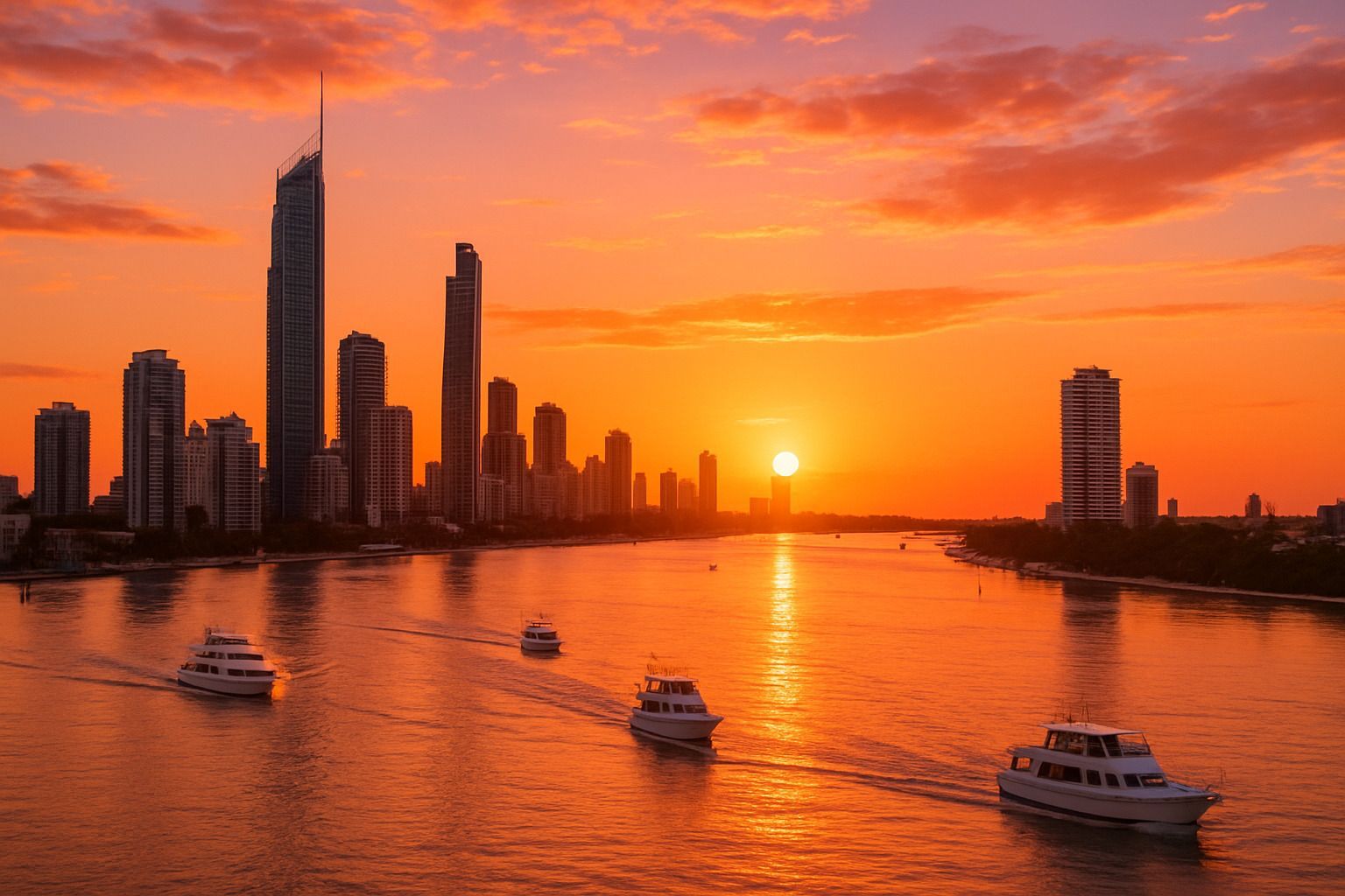 Gold Coast sunset skyline with golden-hour hues reflecting on the Broadwater, cityscape in the backg