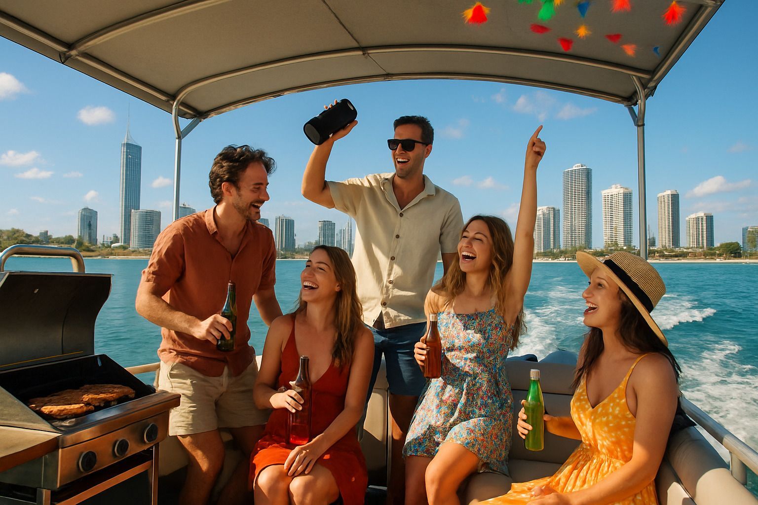 Surfers Paradise party pontoon cruising on the Gold Coast Broadwater, group of friends enjoying BBQ 