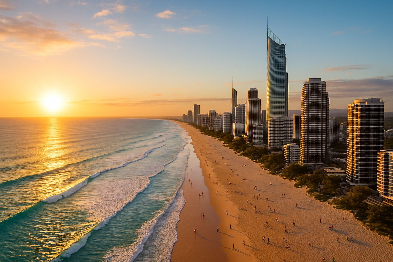 Surfers Paradise aerial view with golden beaches, sparkling ocean, and city skyline at sunrise. Alt 